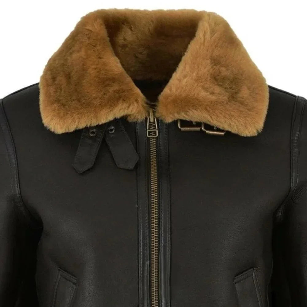 Leather Aviator Jacket Womens B3 Bomber Shearling Collar Cuffs - image 3