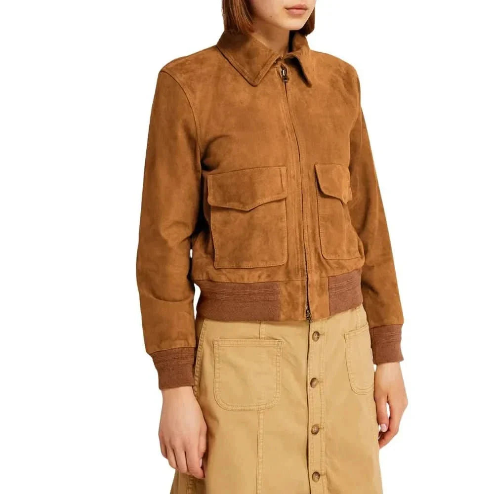 Suede Bomber Jacket Womens Ribbed Collar Zip Front Leather - image 2