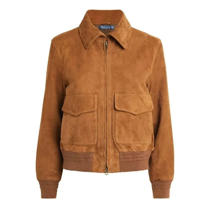 Suede Bomber Jacket Womens Ribbed Collar Zip Front Leather - image 3