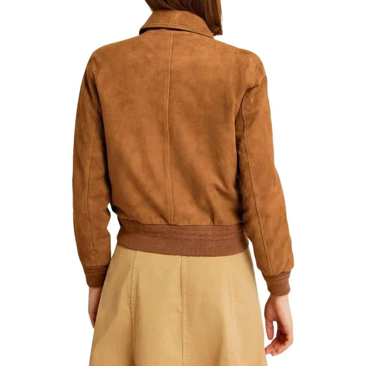 Suede Bomber Jacket Womens Ribbed Collar Zip Front Leather - image 5