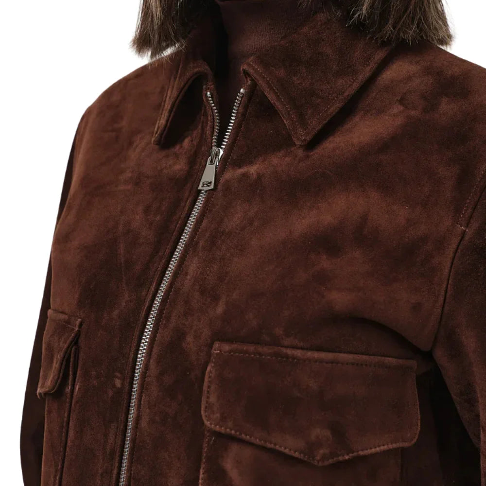 Suede Bomber Jacket Womens Ribbed Collar Zip Front Leather - image 8