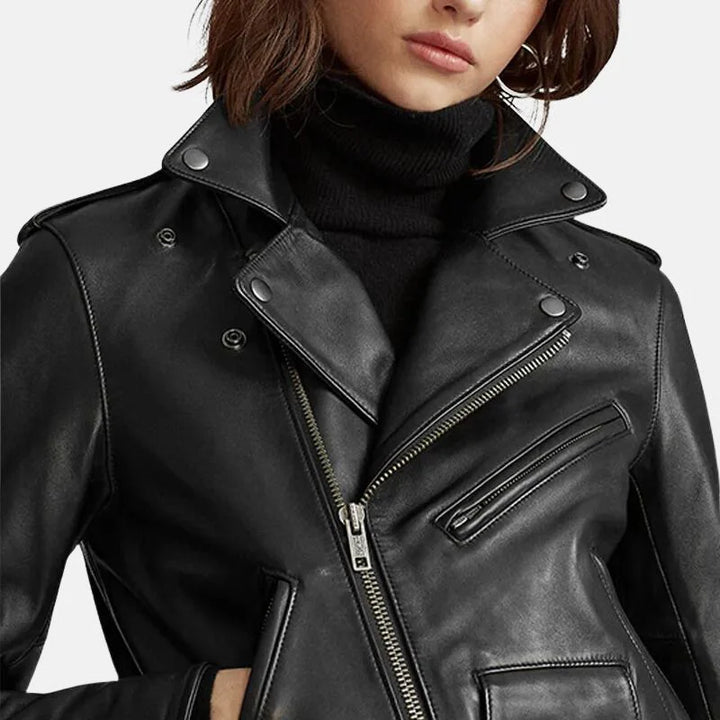 Leather Jacket Womens Biker Zip Front Turn Down Collar - image 4