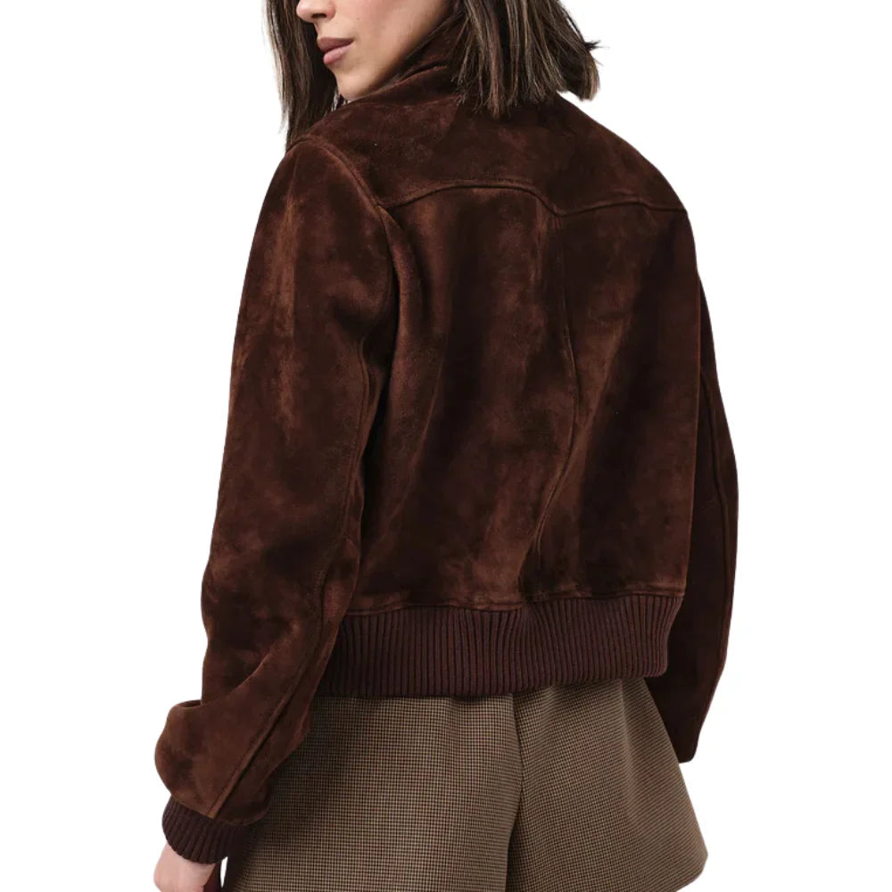 Suede Bomber Jacket Womens Ribbed Collar Zip Front Leather - image 9