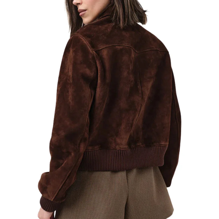 Suede Bomber Jacket Womens Ribbed Collar Zip Front Leather - image 9