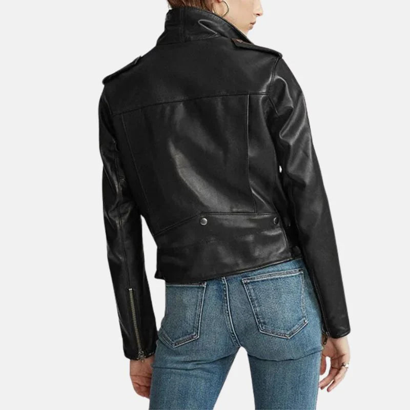 Leather Jacket Womens Biker Zip Front Turn Down Collar - image 2