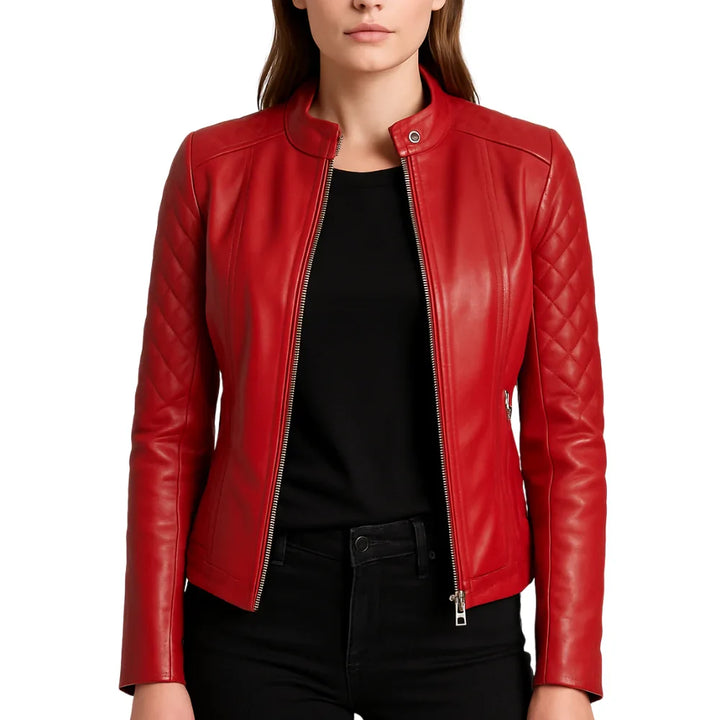 Leather Jacket Womens Quilted Cafe Racer Snap Collar Zip Front - image 1