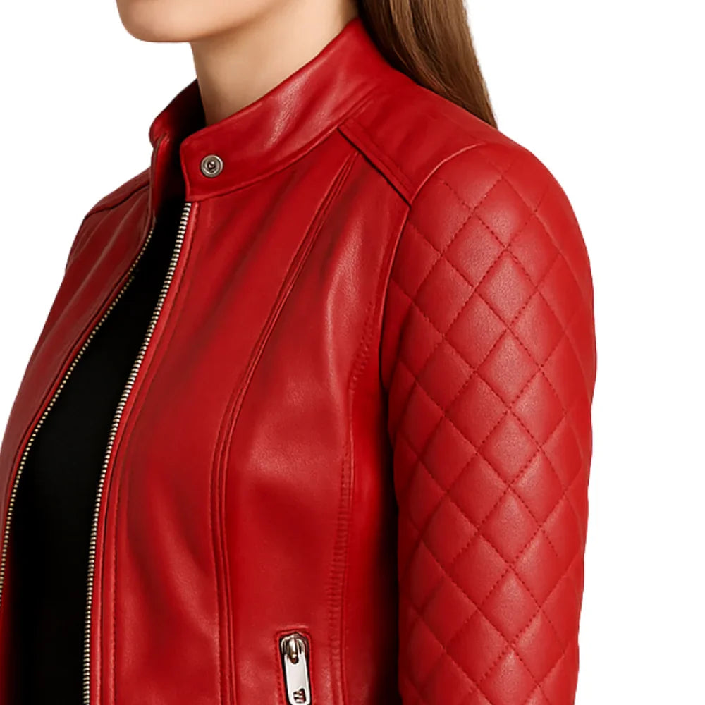 Leather Jacket Womens Quilted Cafe Racer Snap Collar Zip Front - image 4