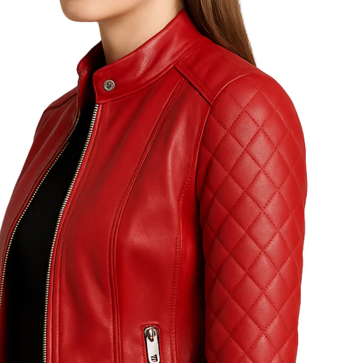 Leather Jacket Womens Quilted Cafe Racer Snap Collar Zip Front - image 4