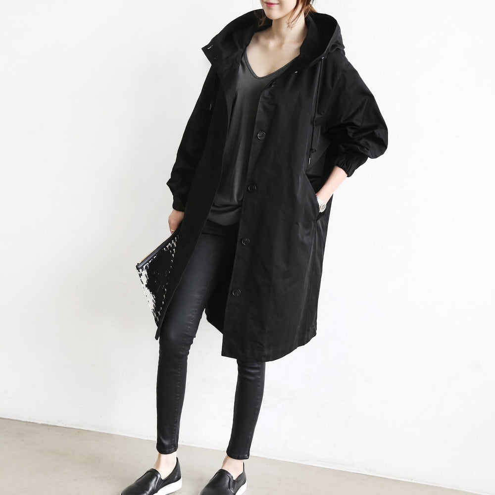 Trench Coat Womens Hooded Longline Drawstring Waist Split Hem Side Pockets - image 2