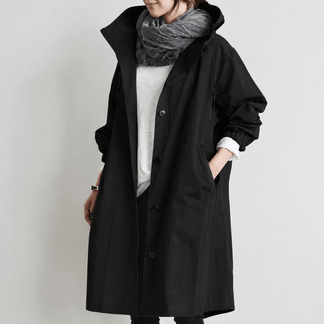 Trench Coat Womens Hooded Longline Drawstring Waist Split Hem Side Pockets - image 1