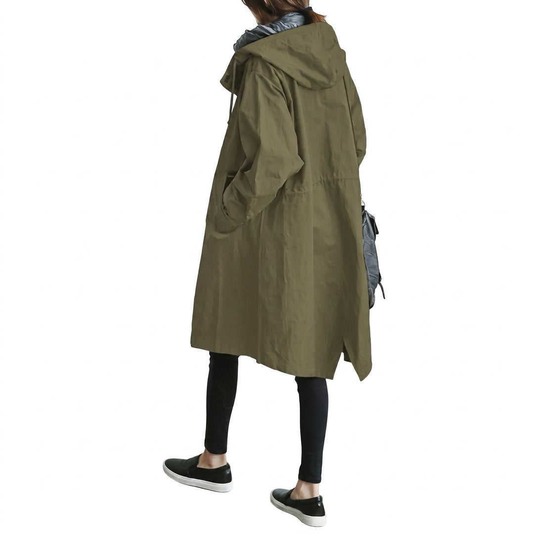 Trench Coat Womens Hooded Longline Drawstring Waist Split Hem Side Pockets - image 7