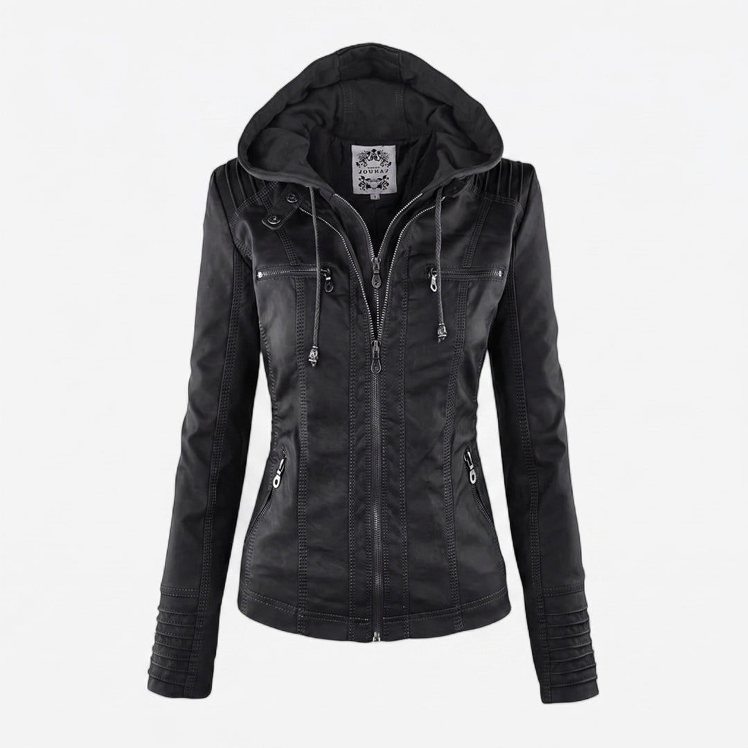 Biker Jacket Womens Hooded Zip Front Fitted Waist Panelled Plus Size - image 4