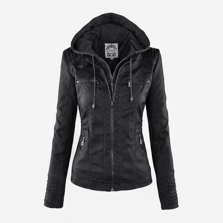 Biker Jacket Womens Hooded Zip Front Fitted Waist Panelled Plus Size - image 4