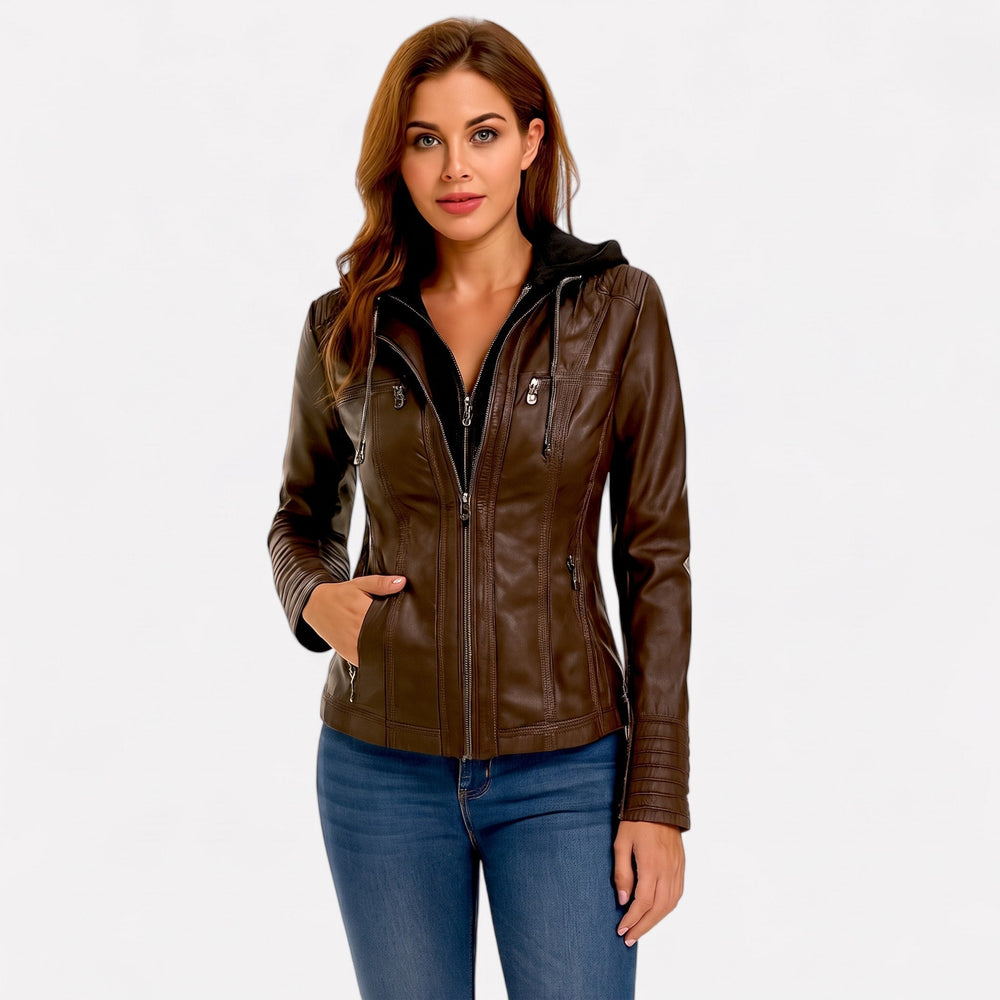 Biker Jacket Womens Hooded Zip Front Fitted Waist Panelled Plus Size - image 2