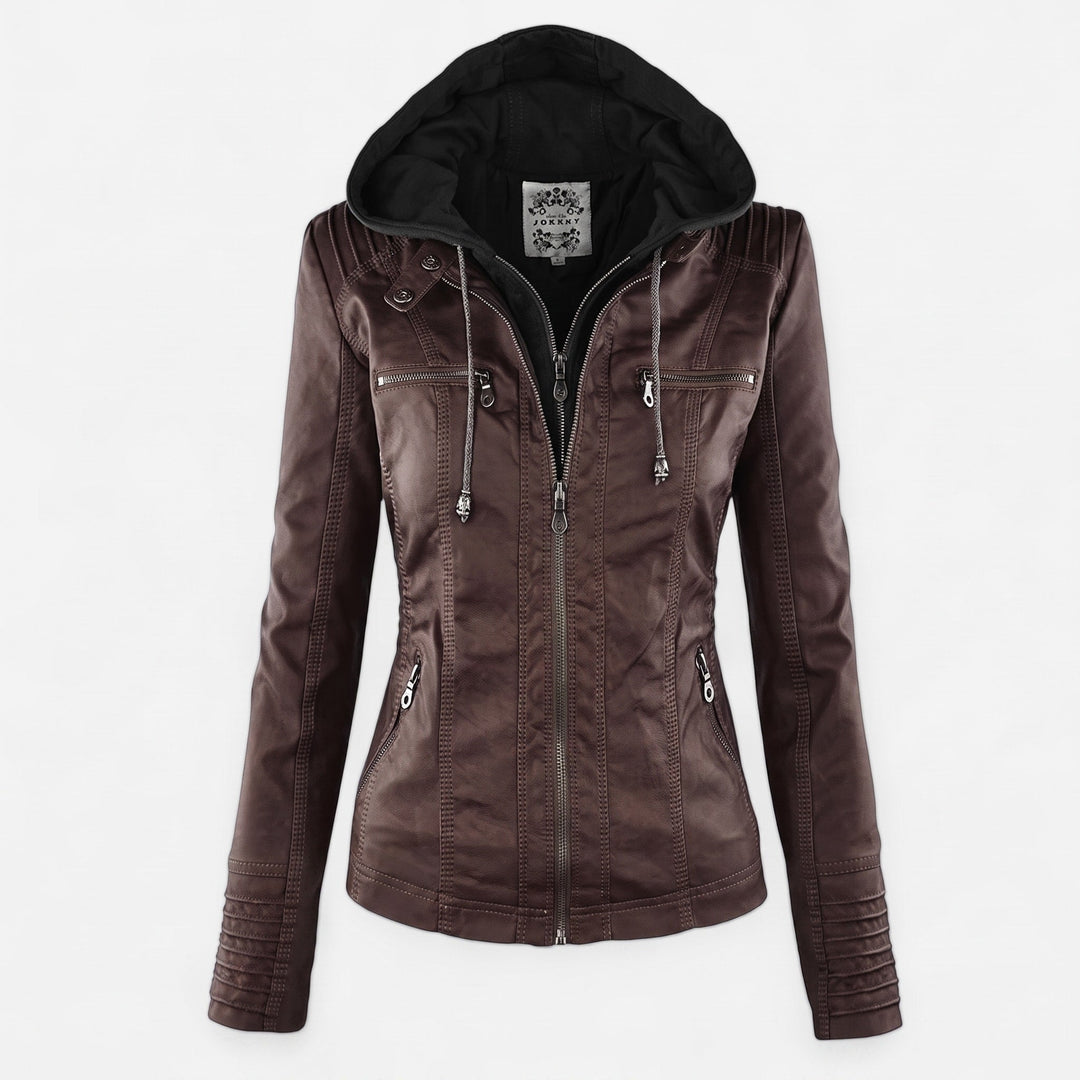 Biker Jacket Womens Hooded Zip Front Fitted Waist Panelled Plus Size - image 1