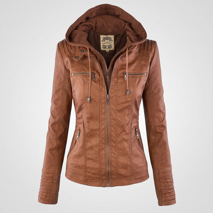 Biker Jacket Womens Hooded Zip Front Fitted Waist Panelled Plus Size - image 5