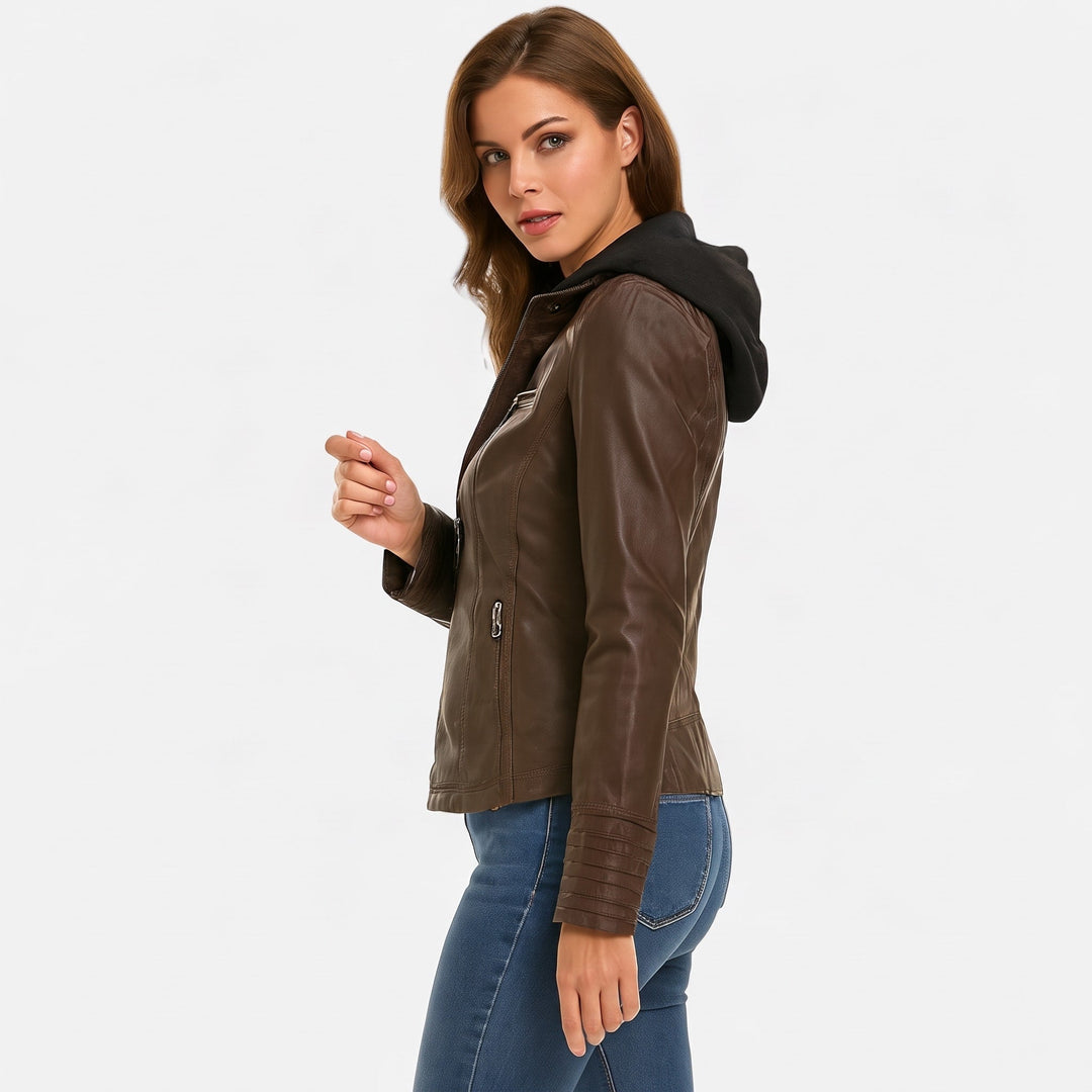 Biker Jacket Womens Hooded Zip Front Fitted Waist Panelled Plus Size - image 3