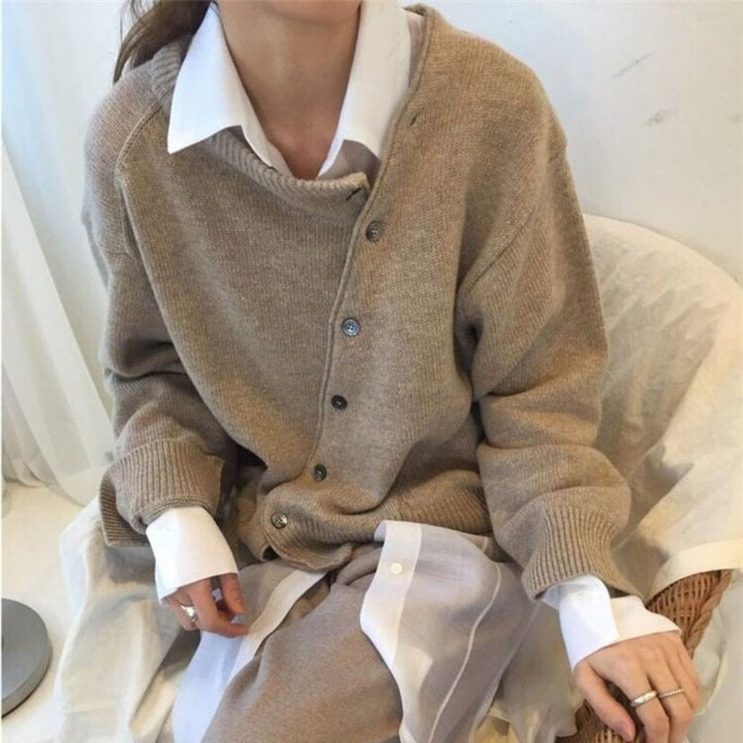 Cardigan Womens Asymmetric Button Front Soft Knit Oversized Drop Shoulder Crew Neck - image 1