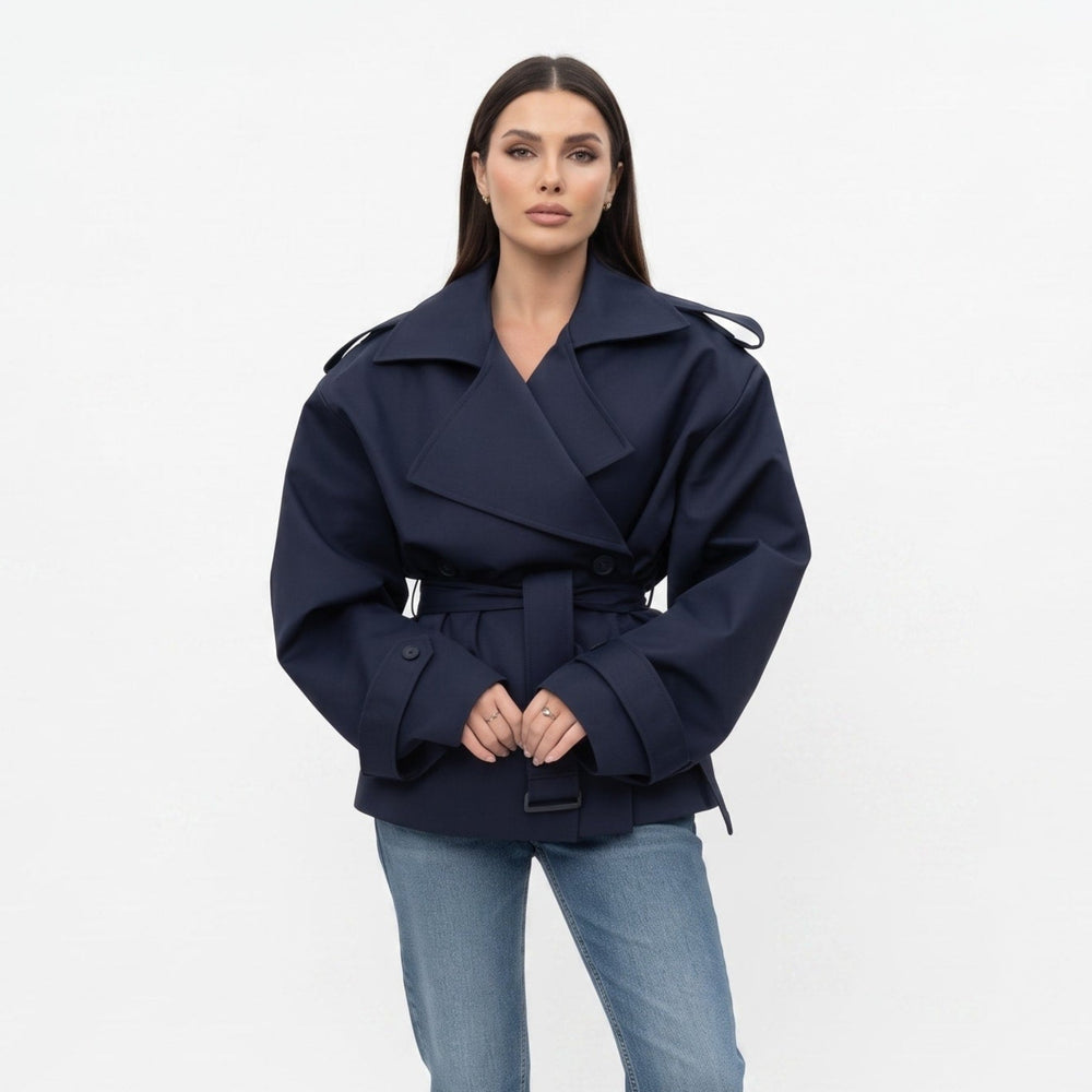 Trench Jacket Womens Belted Cropped Notched Lapel Wrap Front Buckled Cuffs - image 2