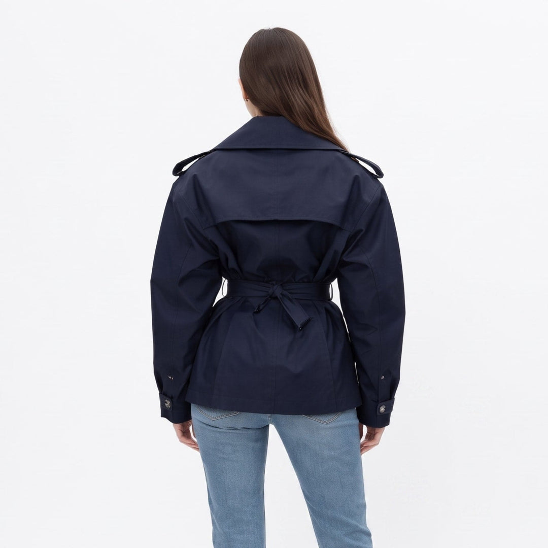 Trench Jacket Womens Belted Cropped Notched Lapel Wrap Front Buckled Cuffs - image 3