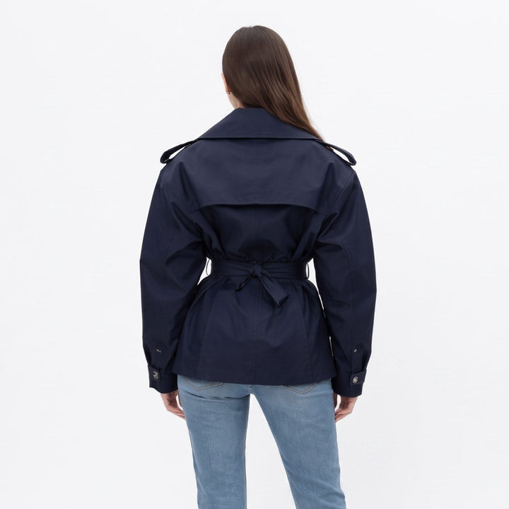 Trench Jacket Womens Belted Cropped Notched Lapel Wrap Front Buckled Cuffs - image 3