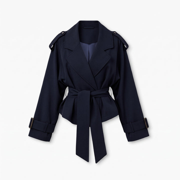 Trench Jacket Womens Belted Cropped Notched Lapel Wrap Front Buckled Cuffs - image 1