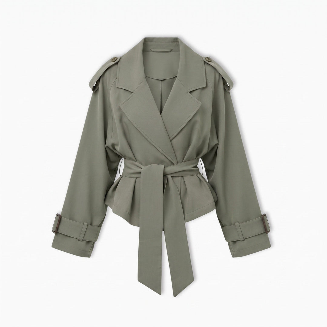 Trench Jacket Womens Belted Cropped Notched Lapel Wrap Front Buckled Cuffs - image 6