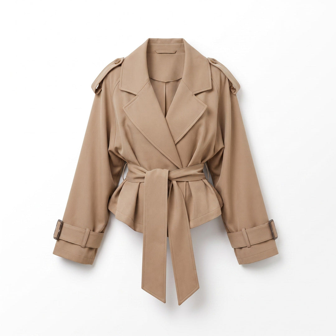Trench Jacket Womens Belted Cropped Notched Lapel Wrap Front Buckled Cuffs - image 7