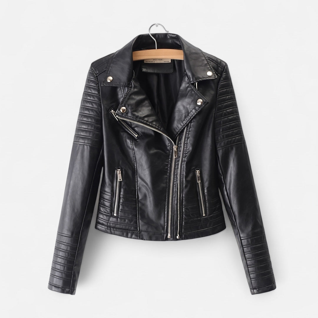 Biker Jacket Womens Quilted Shoulder Asymmetric Zip Notched Lapel Fitted - image 1