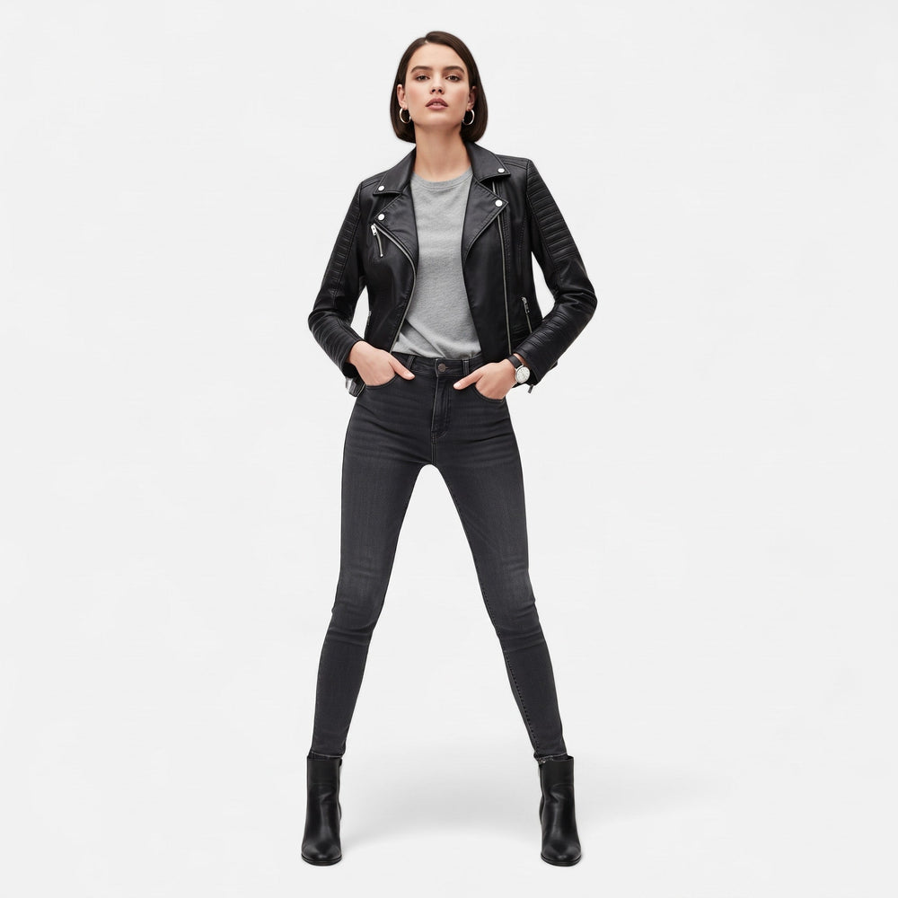 Biker Jacket Womens Quilted Shoulder Asymmetric Zip Notched Lapel Fitted - image 2