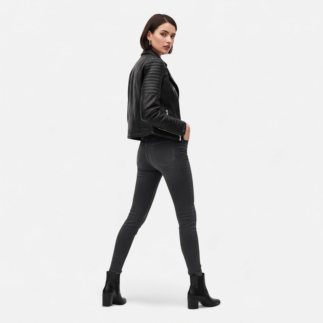 Biker Jacket Womens Quilted Shoulder Asymmetric Zip Notched Lapel Fitted - image 3