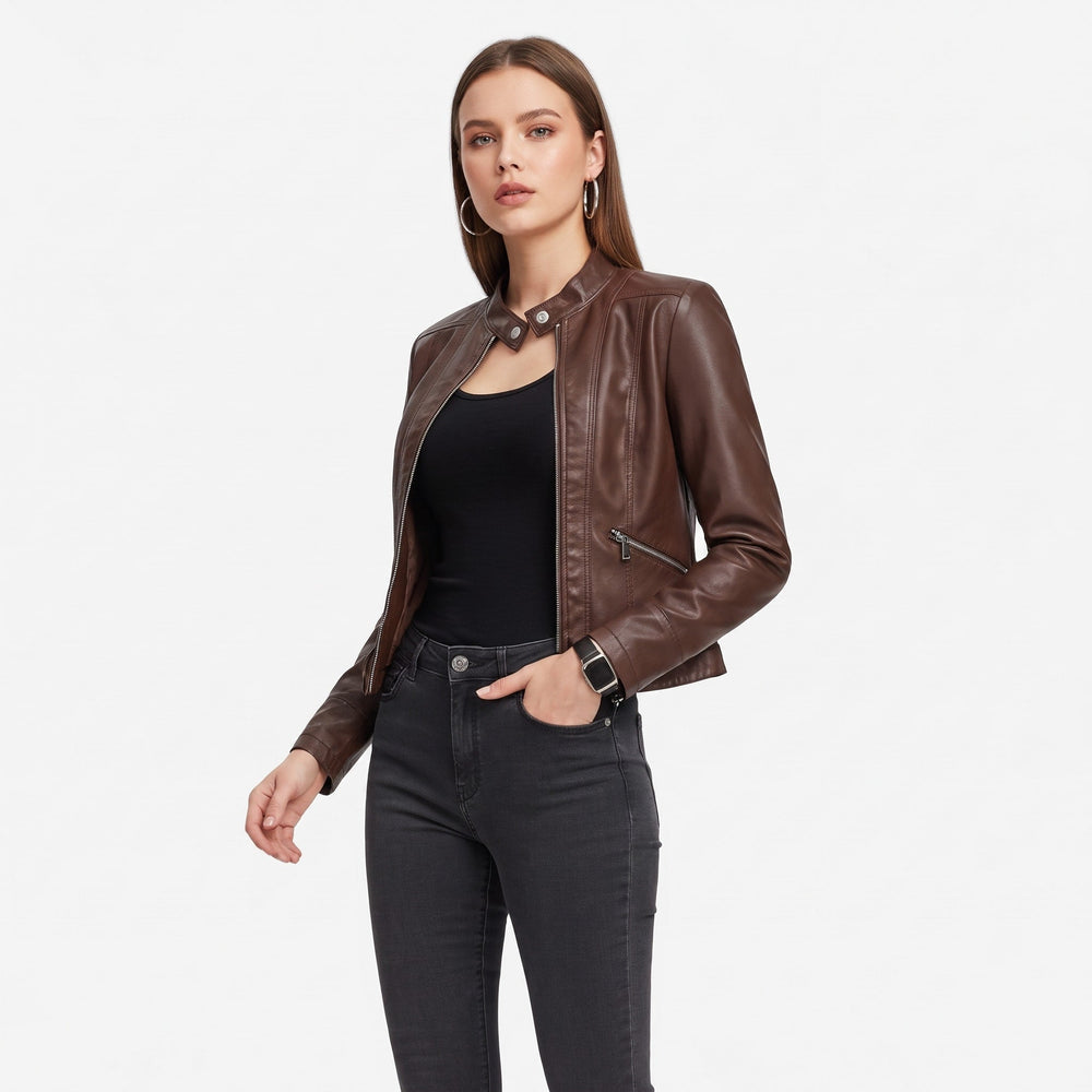 Biker Jacket Womens Cropped Asymmetric Zip Stand Collar Fitted Snap Tab Hem - image 2