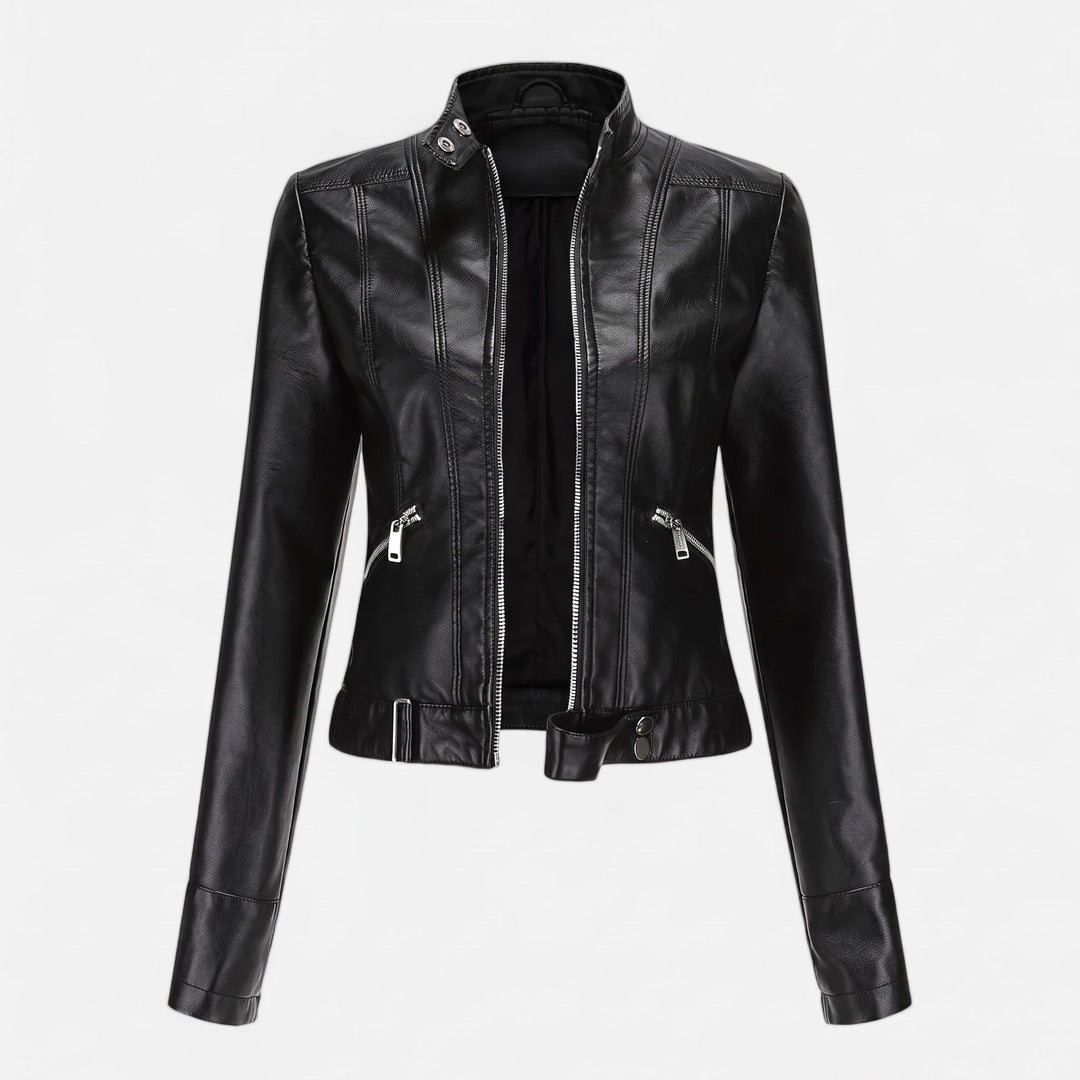 Biker Jacket Womens Cropped Asymmetric Zip Stand Collar Fitted Snap Tab Hem - image 6