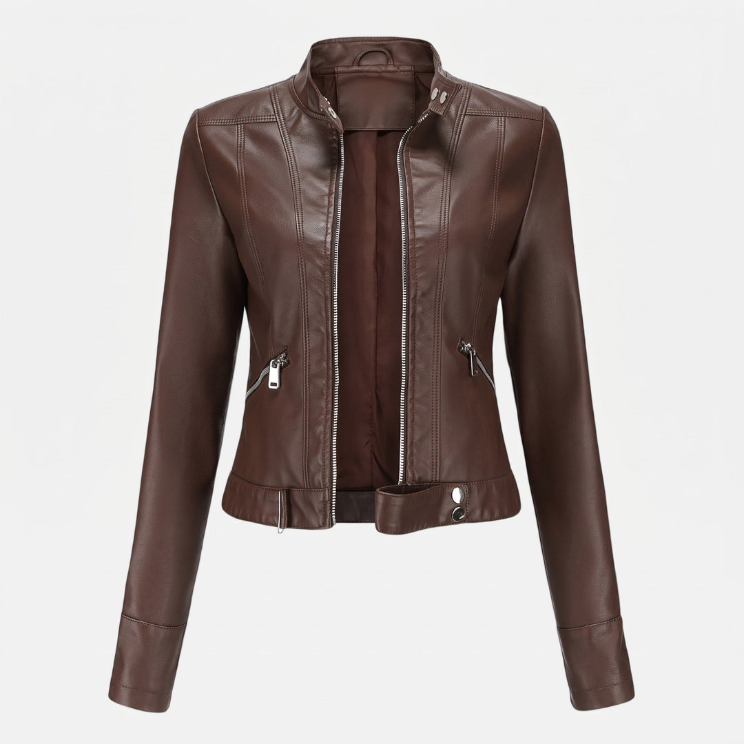 Biker Jacket Womens Cropped Asymmetric Zip Stand Collar Fitted Snap Tab Hem - image 1