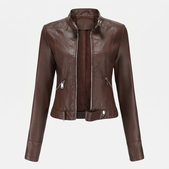 Biker Jacket Womens Cropped Asymmetric Zip Stand Collar Fitted Snap Tab Hem - image 1
