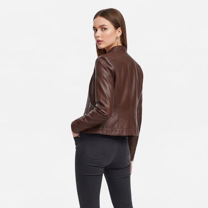 Biker Jacket Womens Cropped Asymmetric Zip Stand Collar Fitted Snap Tab Hem - image 3