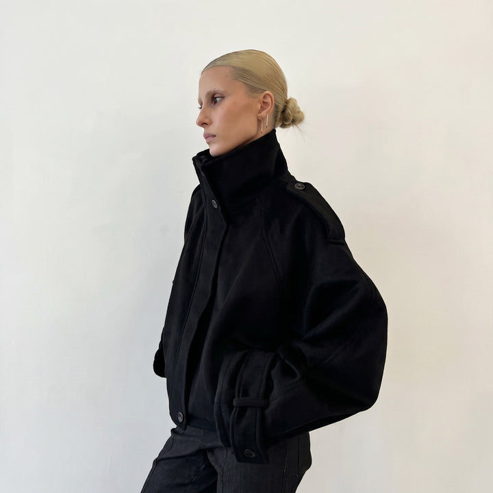 Coat Womens Oversized Funnel Neck Wool Look Cropped Boxy Epaulettes Button Collar - image 8