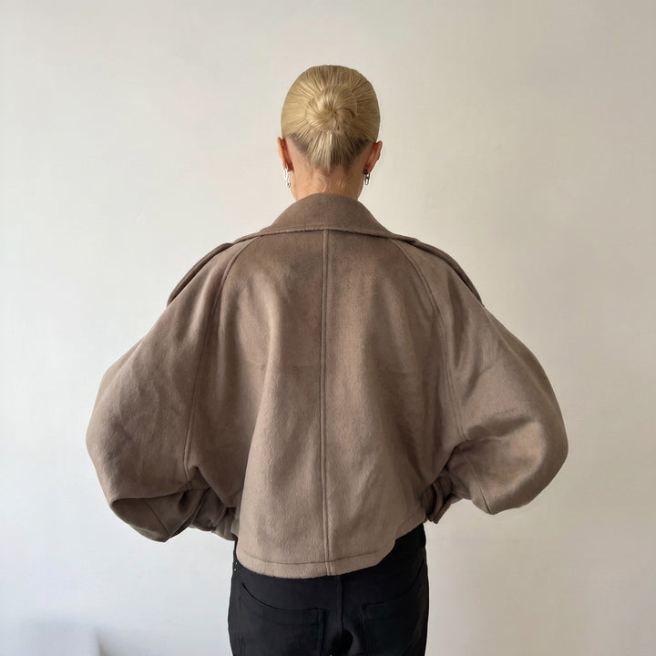 Coat Womens Oversized Funnel Neck Wool Look Cropped Boxy Epaulettes Button Collar - image 3