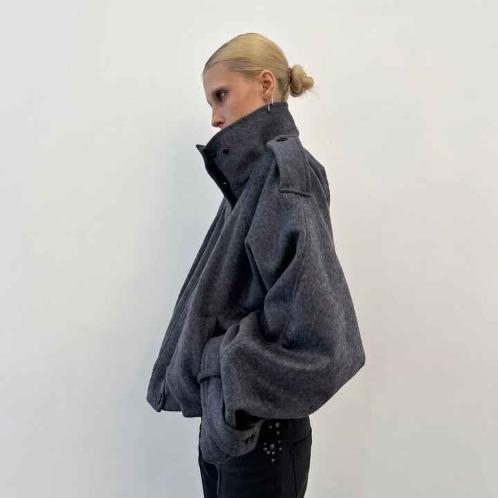 Coat Womens Oversized Funnel Neck Wool Look Cropped Boxy Epaulettes Button Collar - image 5