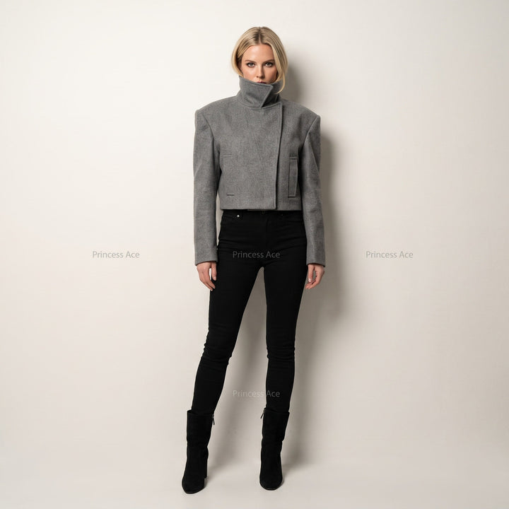 Coat Womens Oversized Funnel Neck Wool Look Cropped Boxy Epaulettes Button Collar - image 7