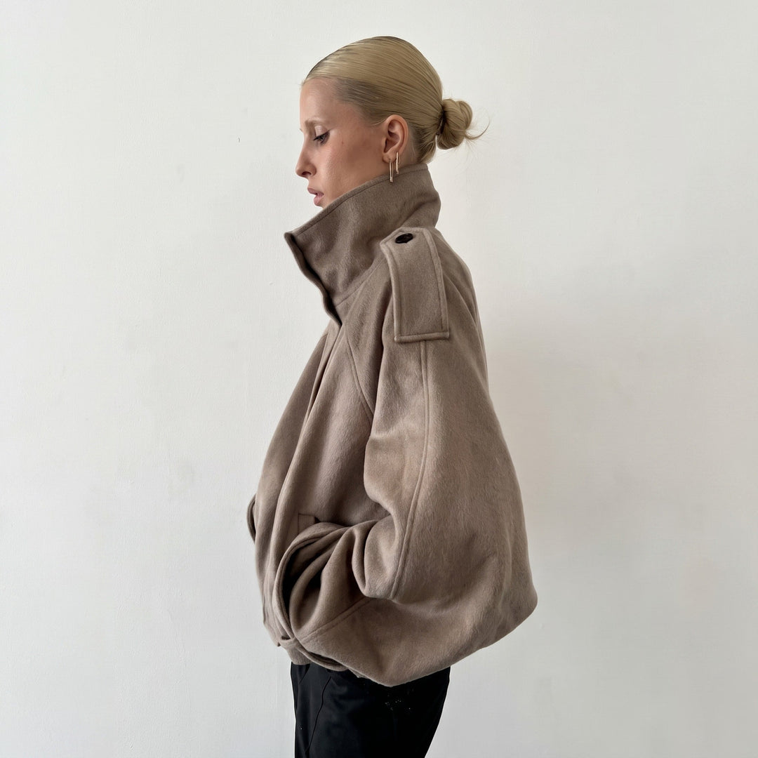 Coat Womens Oversized Funnel Neck Wool Look Cropped Boxy Epaulettes Button Collar - image 2