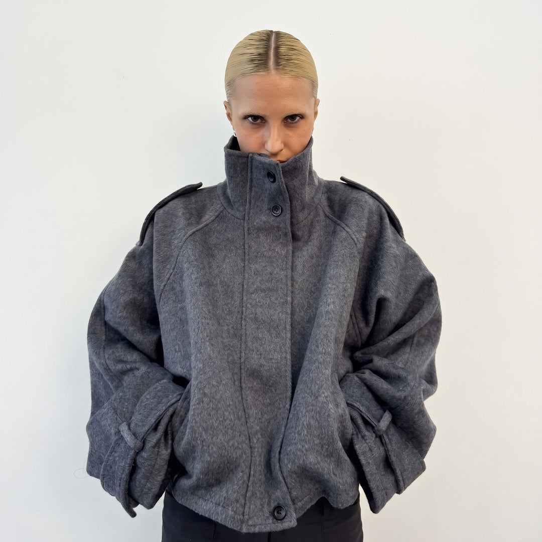 Coat Womens Oversized Funnel Neck Wool Look Cropped Boxy Epaulettes Button Collar - image 4