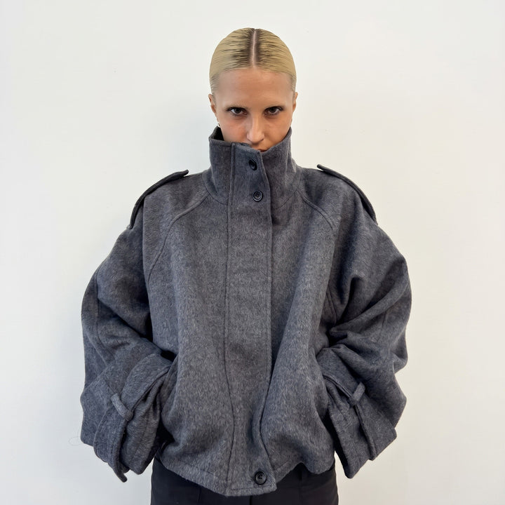 Coat Womens Oversized Funnel Neck Wool Look Cropped Boxy Epaulettes Button Collar - image 4