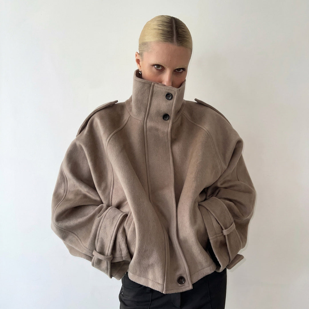 Coat Womens Oversized Funnel Neck Wool Look Cropped Boxy Epaulettes Button Collar - image 1