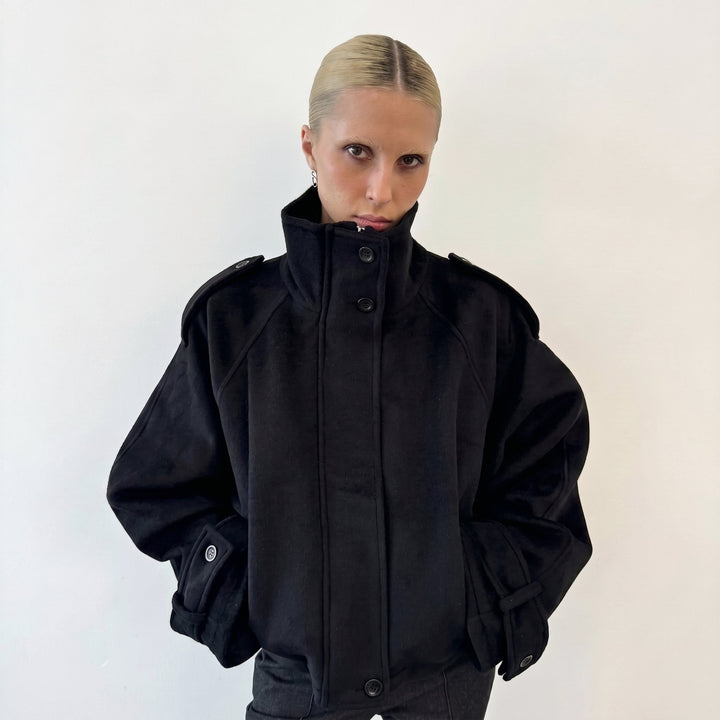 Coat Womens Oversized Funnel Neck Wool Look Cropped Boxy Epaulettes Button Collar - image 10