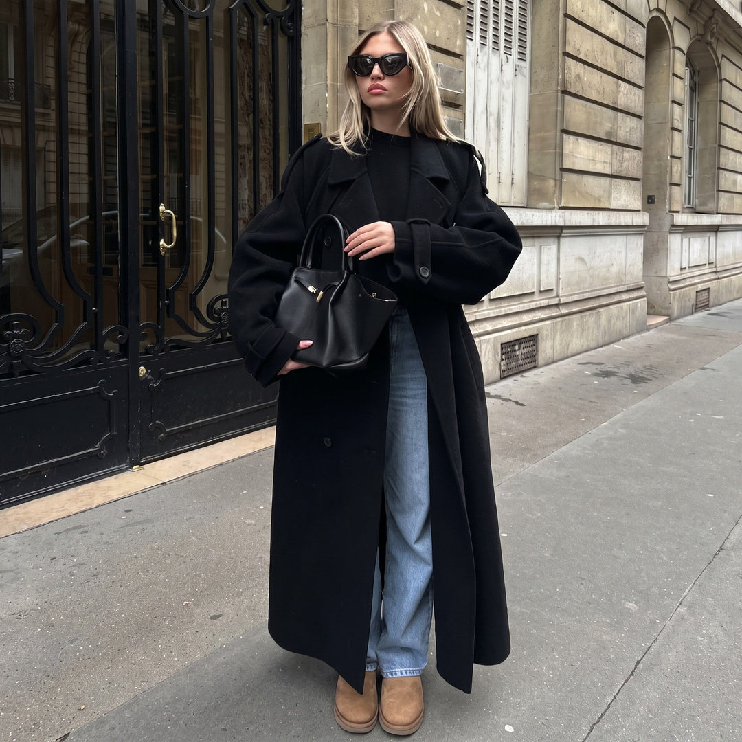 Trench Coat Womens Oversized Longline Belted Waist Double Breasted Notch Lapel - image 1