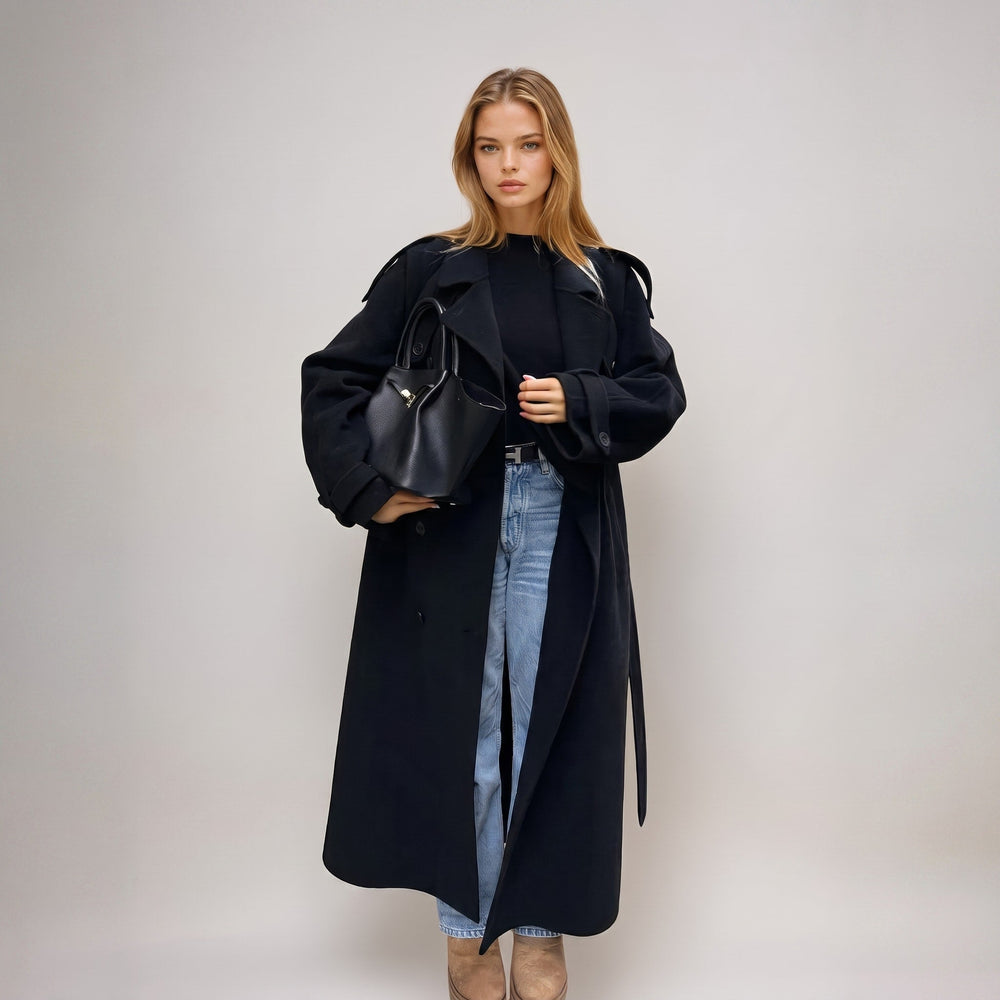 Trench Coat Womens Oversized Longline Belted Waist Double Breasted Notch Lapel - image 2