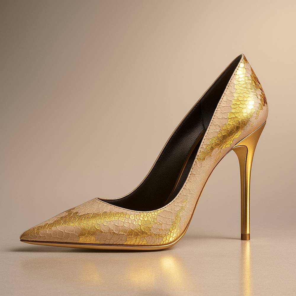Stiletto Court Shoes Womens Pointed Toe Snakeskin Effect Gold Foil Metallic Heel Party - image 2