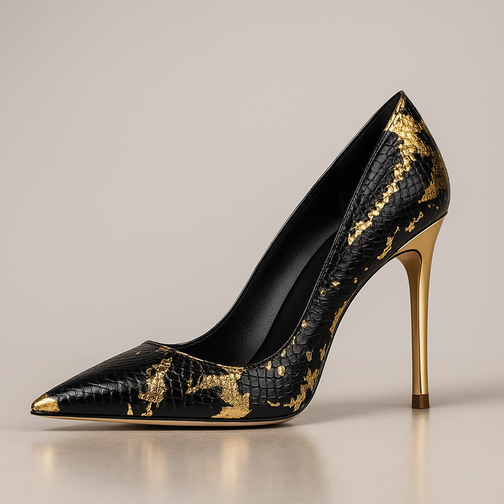 Stiletto Court Shoes Womens Pointed Toe Snakeskin Effect Gold Foil Metallic Heel Party - image 3