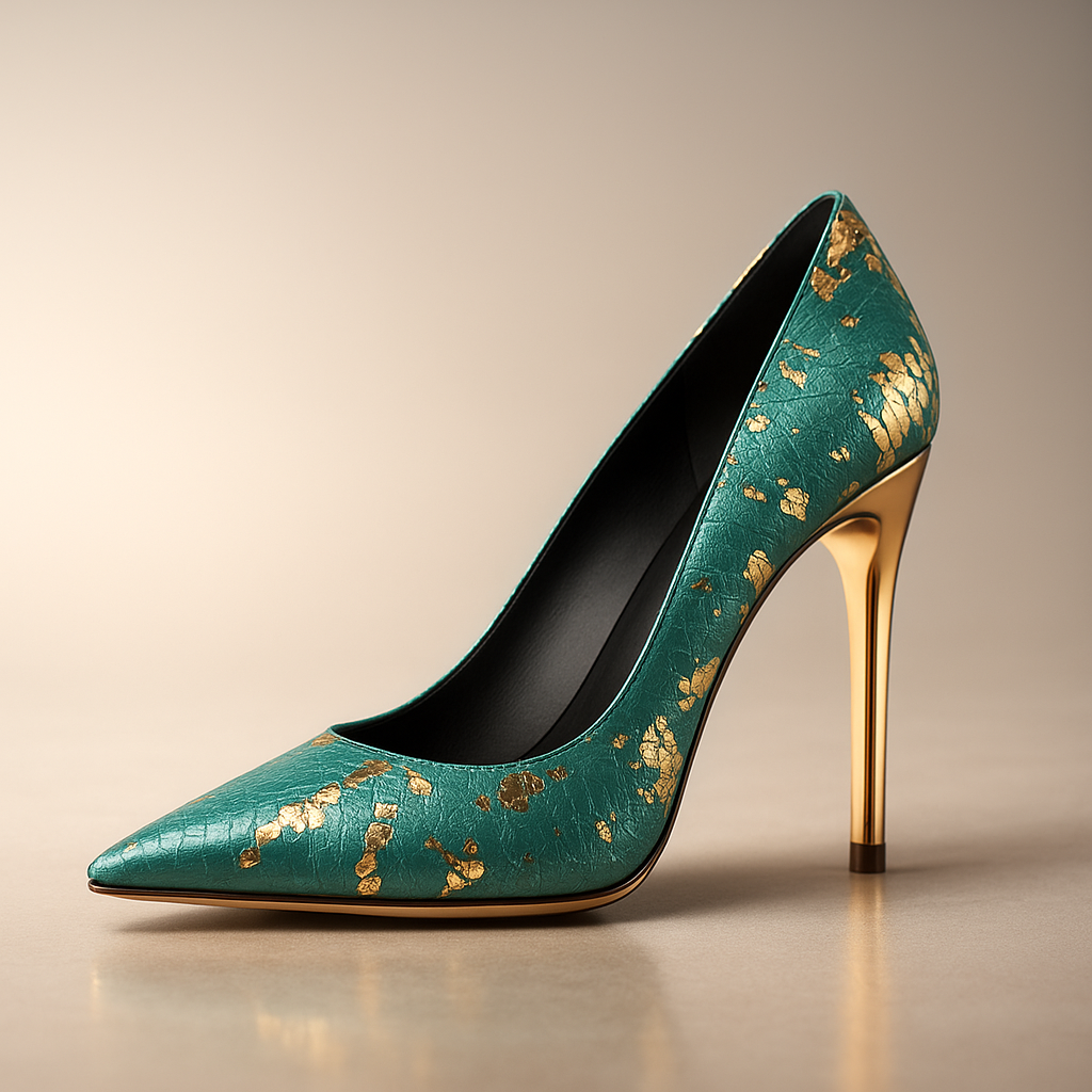 Stiletto Court Shoes Womens Pointed Toe Snakeskin Effect Gold Foil Metallic Heel Party - image 1